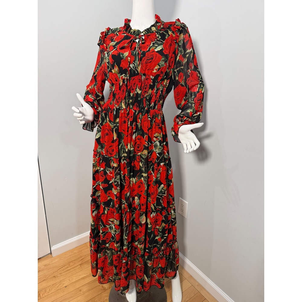Tuleen Red Rose Floral Maxi Dress Smocked Waist Long Sleeve Boho XL - Picture 4 of 10